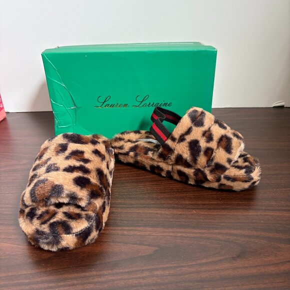 Lauren Lorraine Fuzzy Plush Leopard Slippers Size 6 New - Picture 1 of 4